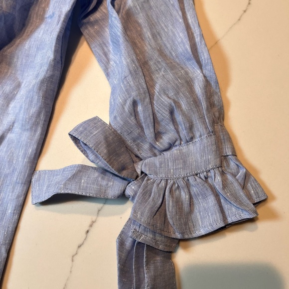 HARSHMAN X-S Linen Blue Striped Blouse with Ruffle Collar - Picture 4 of 8